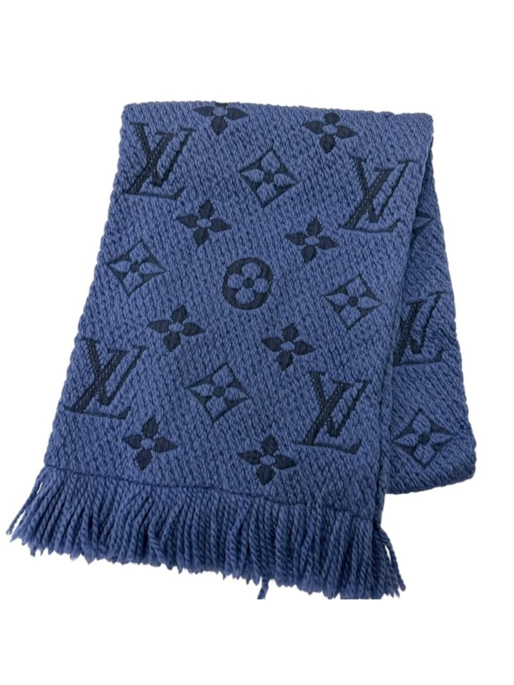 Louis Vuitton Logomania Scarf Wool Silk Fringe Blue